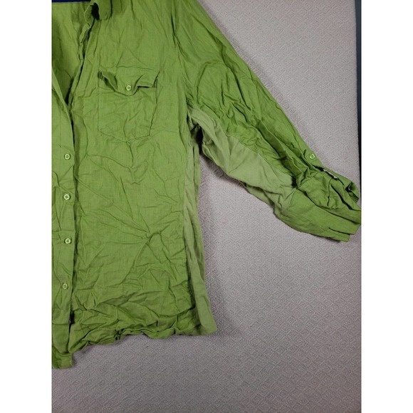 Linen Blend Shirt Womens 2X Green Roll Tab Sleeve Flap Pockets Button-Up - Picture 3 of 13